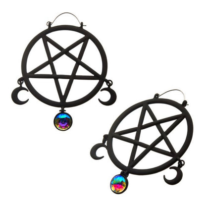 Matte Black Pentagram with Aurora Borealis Gem Plug Hoops